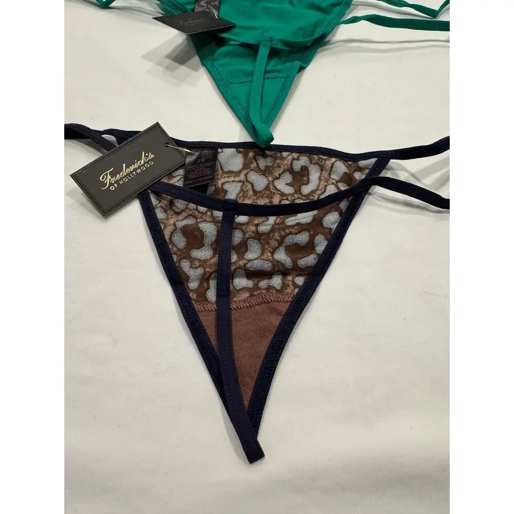 NWT Frederick's of Hollywood Thong String Panties 1X Black‎ Leopard Green LOT 3